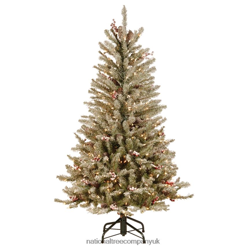 Trees | National Tree Company Pre-Lit Artificial Slim Christmas Tree Green Dunhill Fir White Lights Decorated with Pine Cones Berry Clusters Frosted Branches Includes Stand 45 Feet F2L4F158